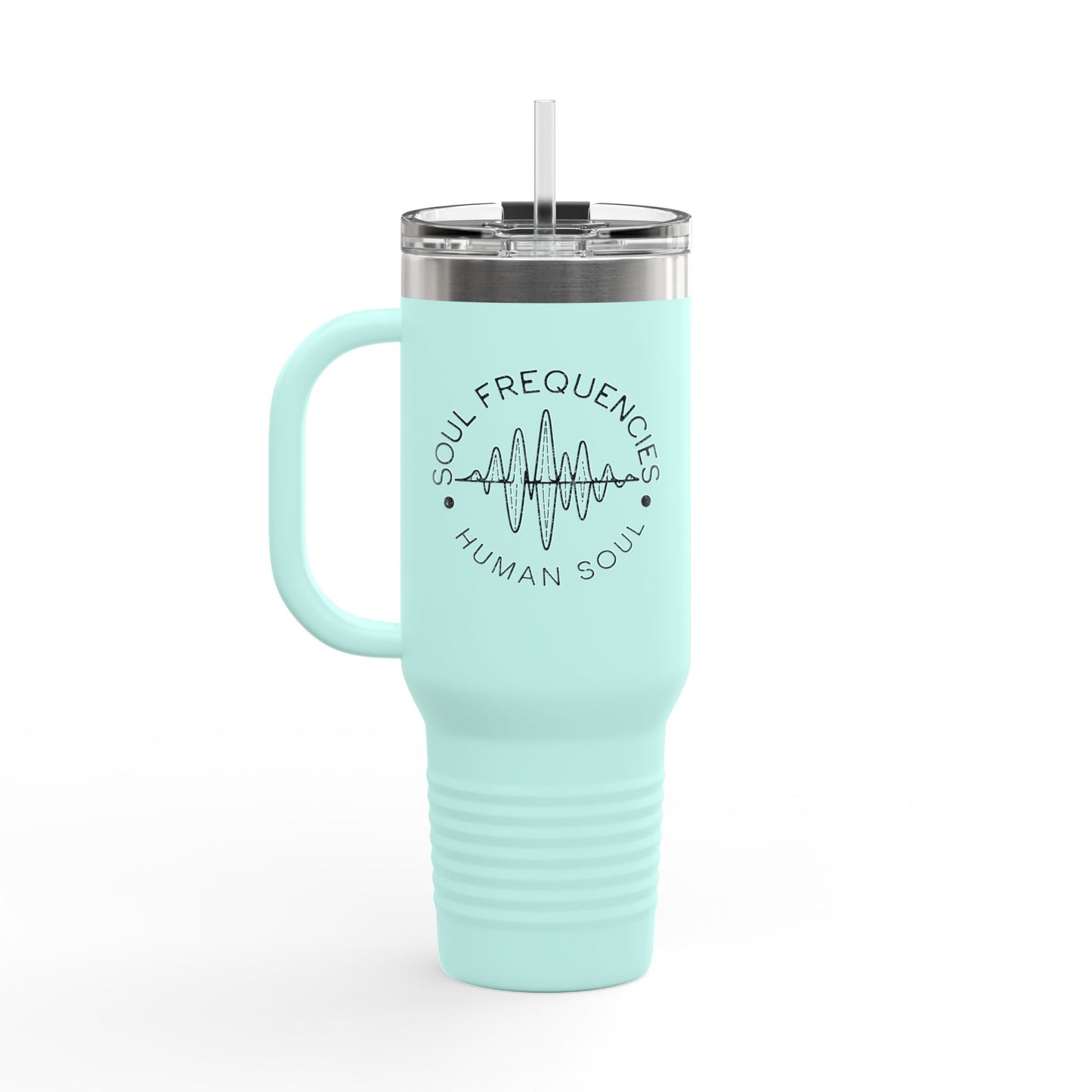 Teal 40oz insulated travel mug featuring 'Soul Frequencies' text with a frequency wave design, perfect for high-vibe living.