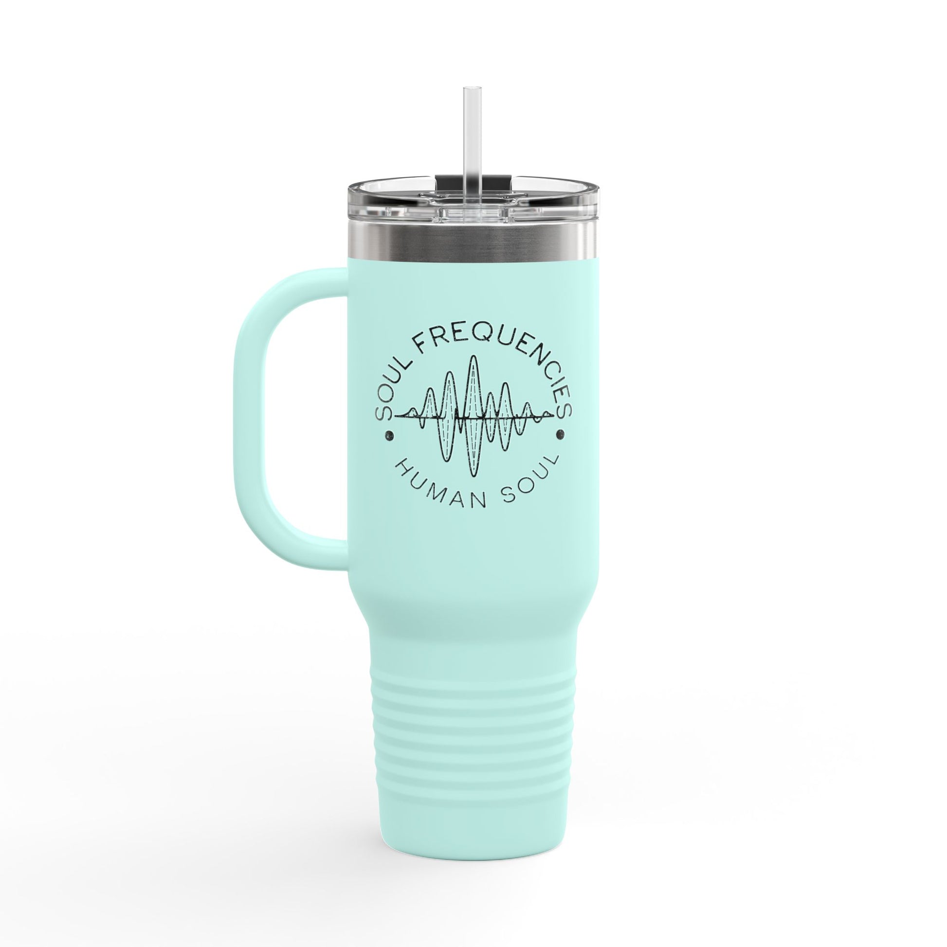 Teal 40oz insulated travel mug featuring 'Soul Frequencies' text with a frequency wave design, perfect for high-vibe living.