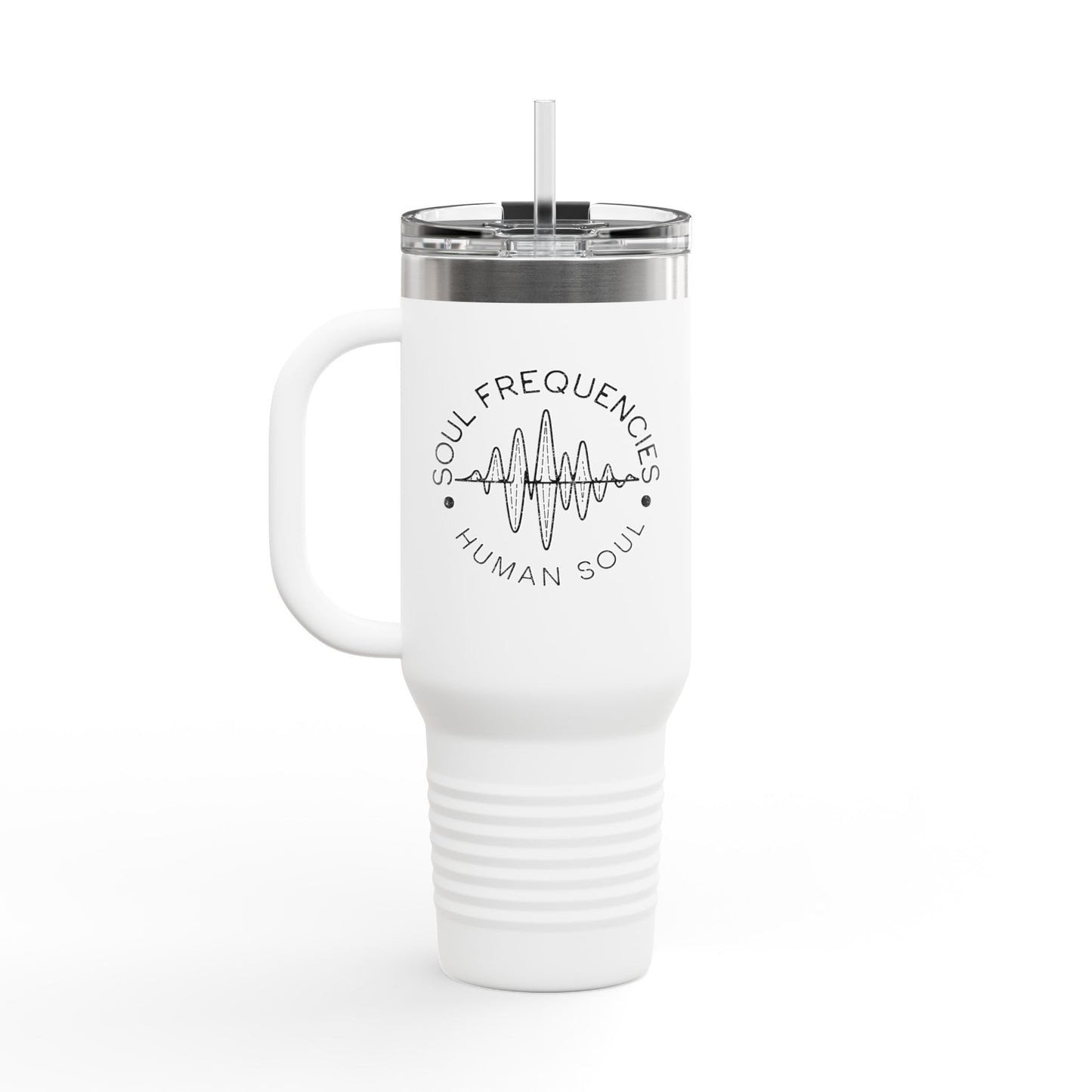 White 40oz insulated travel mug featuring 'Soul Frequencies' text with a frequency wave design, perfect for high-vibe living.