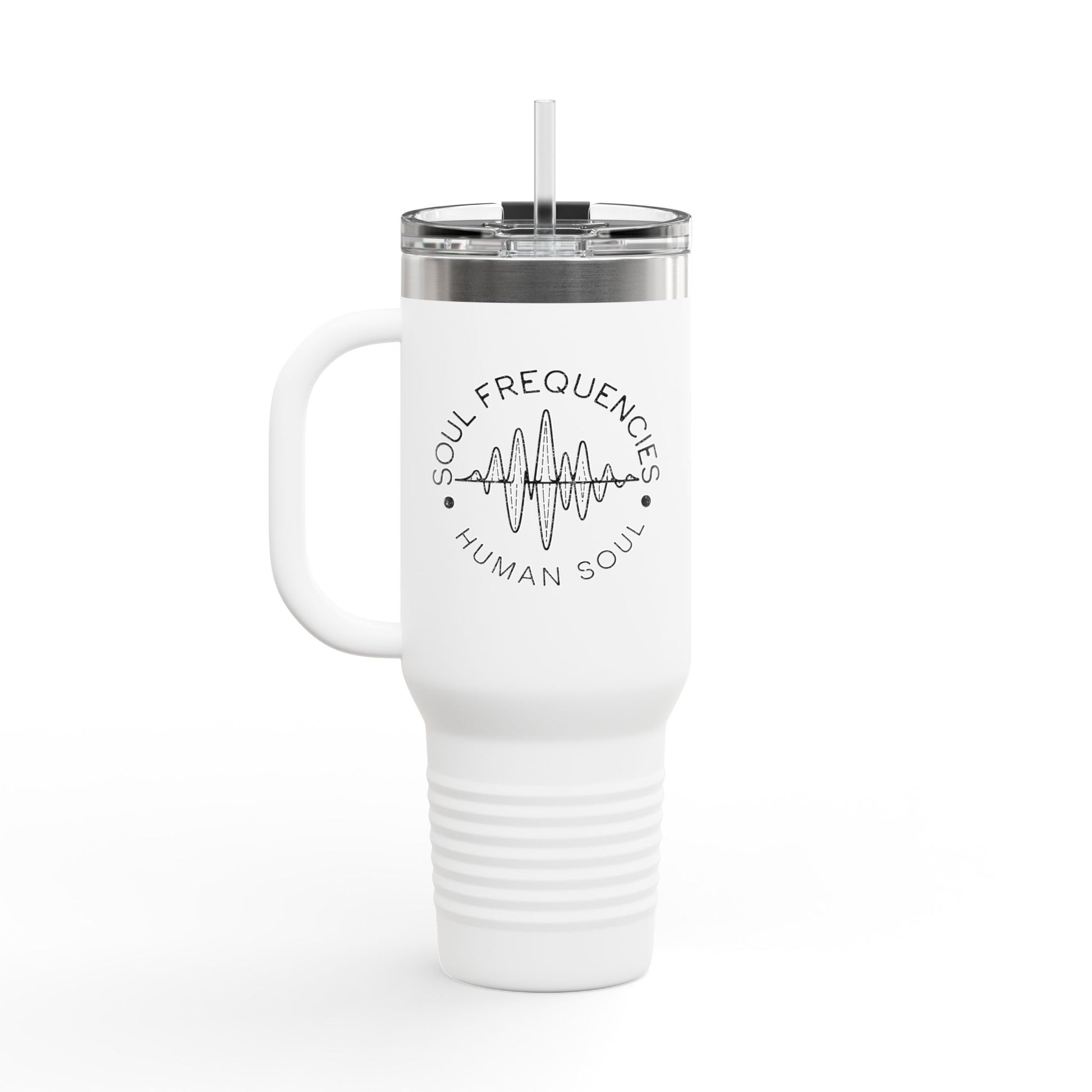 White 40oz insulated travel mug featuring 'Soul Frequencies' text with a frequency wave design, perfect for high-vibe living.