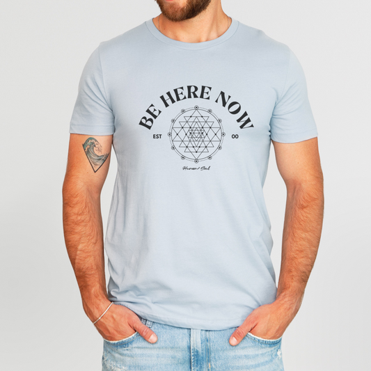 Front view of Be Here Now Sri Yantra T-Shirt with sacred geometry design.