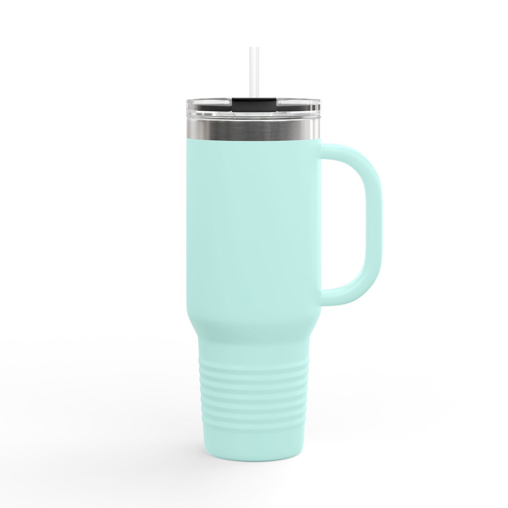 Back view of the teal Soul Frequencies travel mug, a spiritual tumbler designed for energy-conscious coffee lovers.