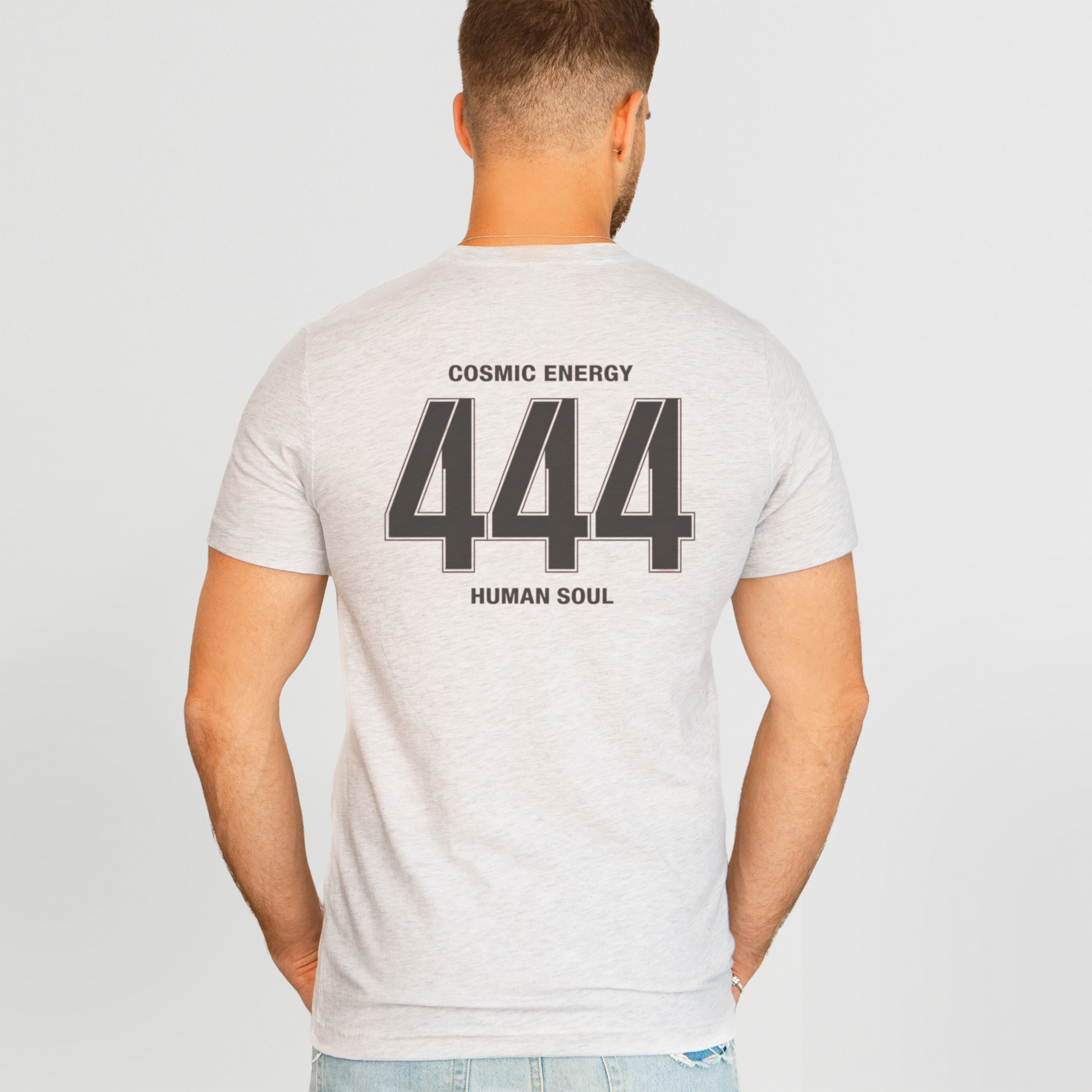 Back view of spiritual cosmic print on men's t-shirt