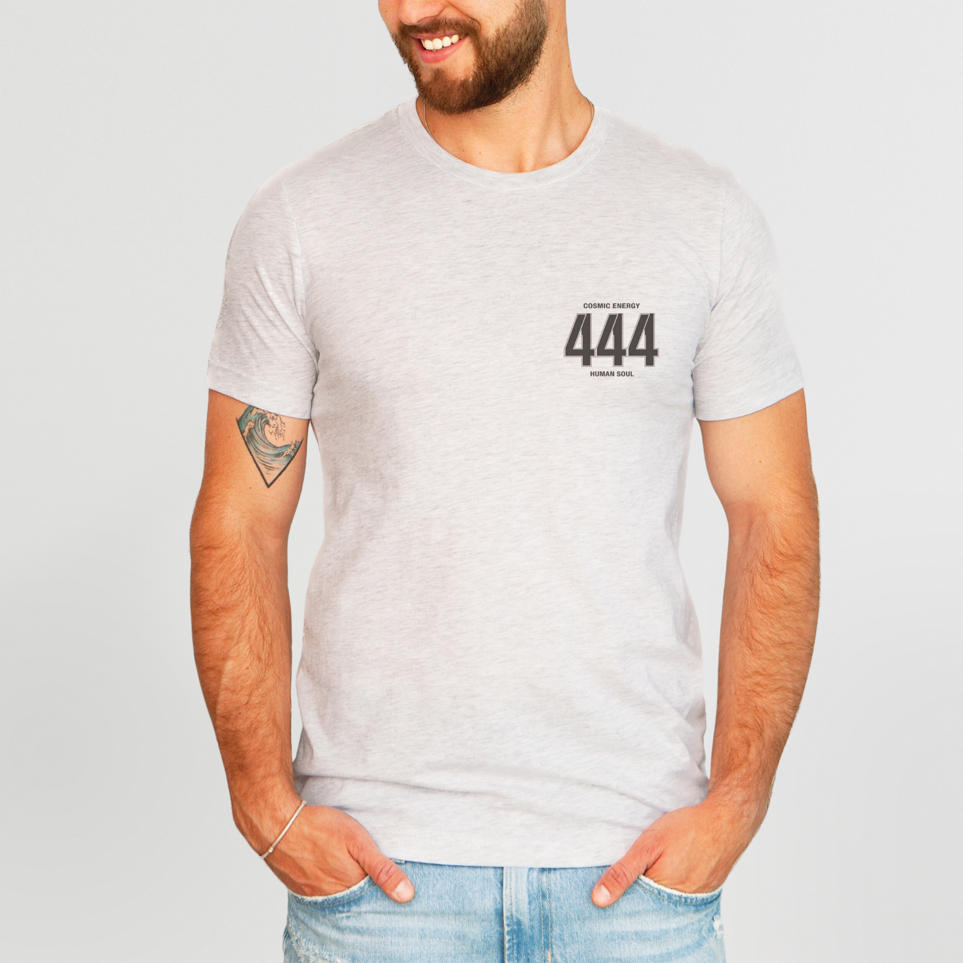 Front view of Cosmic Energy 444 Men's T-Shirt with pocket print.