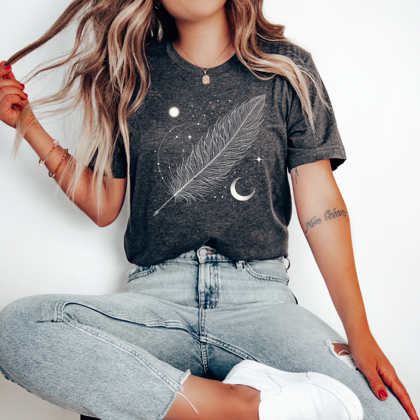 Celestial Feather T-Shirt with Crescent Moon and Stars