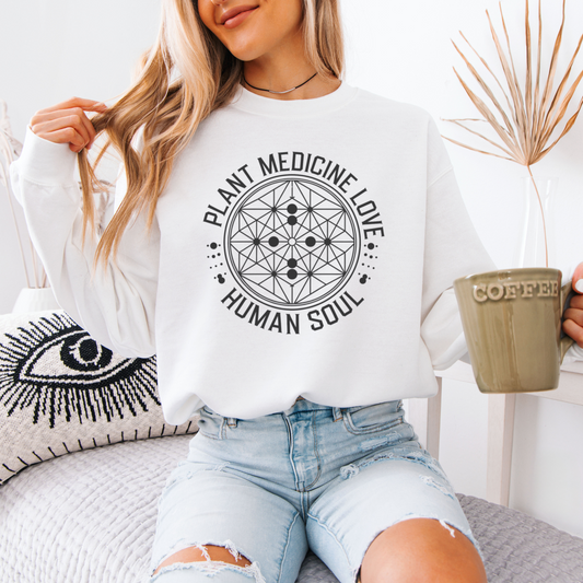 Model wearing Plant Medicine Sacred Geometry Sweatshirt with psychedelic-inspired sacred geometry design