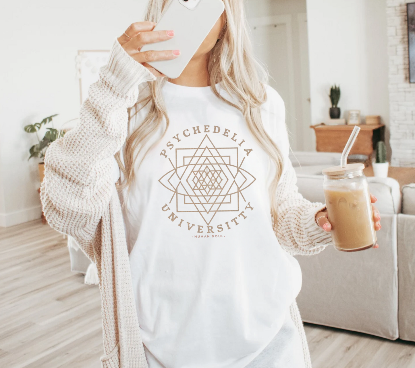 Front view of Psychedelia University Sri Yantra T-Shirt for women who travel on the psychedelic path.