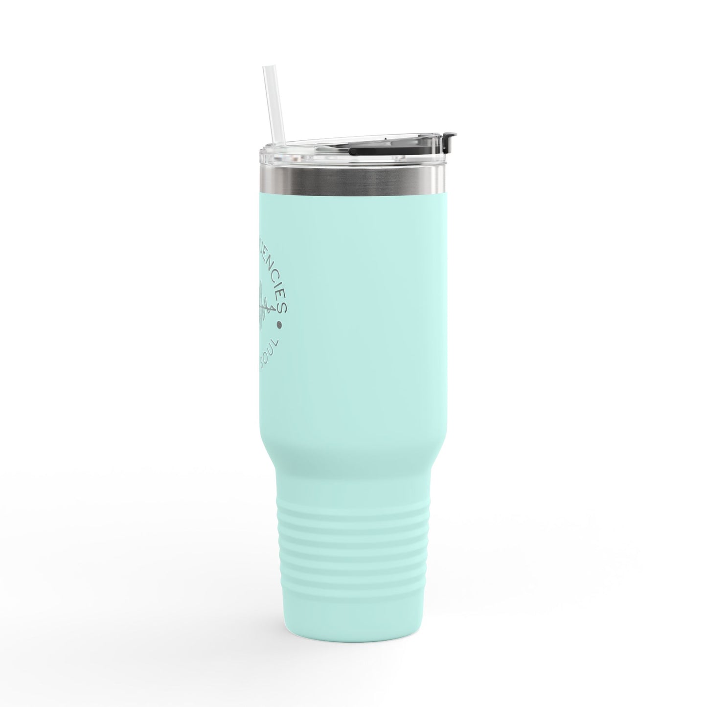 Side of the teal 40oz frequency wave travel mug, a perfect blend of spirituality and functionality.
