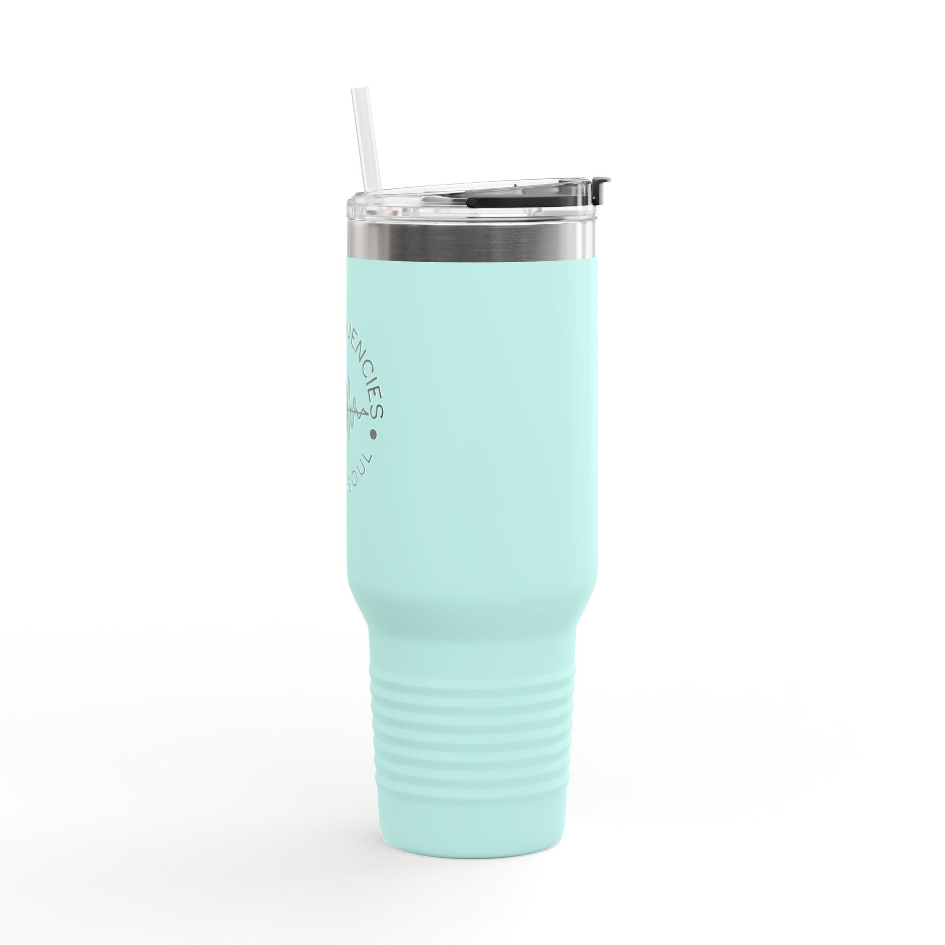 Side of the teal 40oz frequency wave travel mug, a perfect blend of spirituality and functionality.