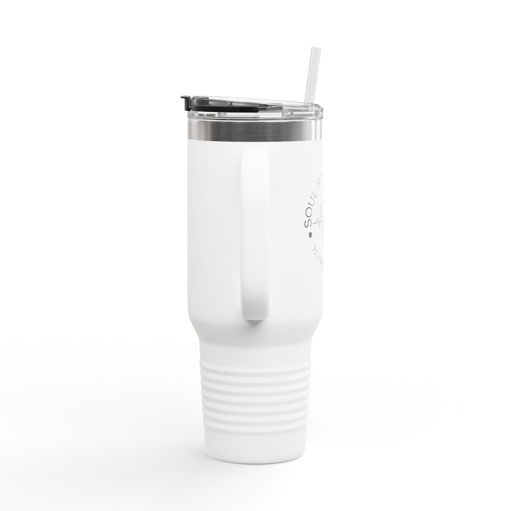 Side angle of the white Soul Frequencies insulated tumbler, showcasing its sleek design and ergonomic handle.