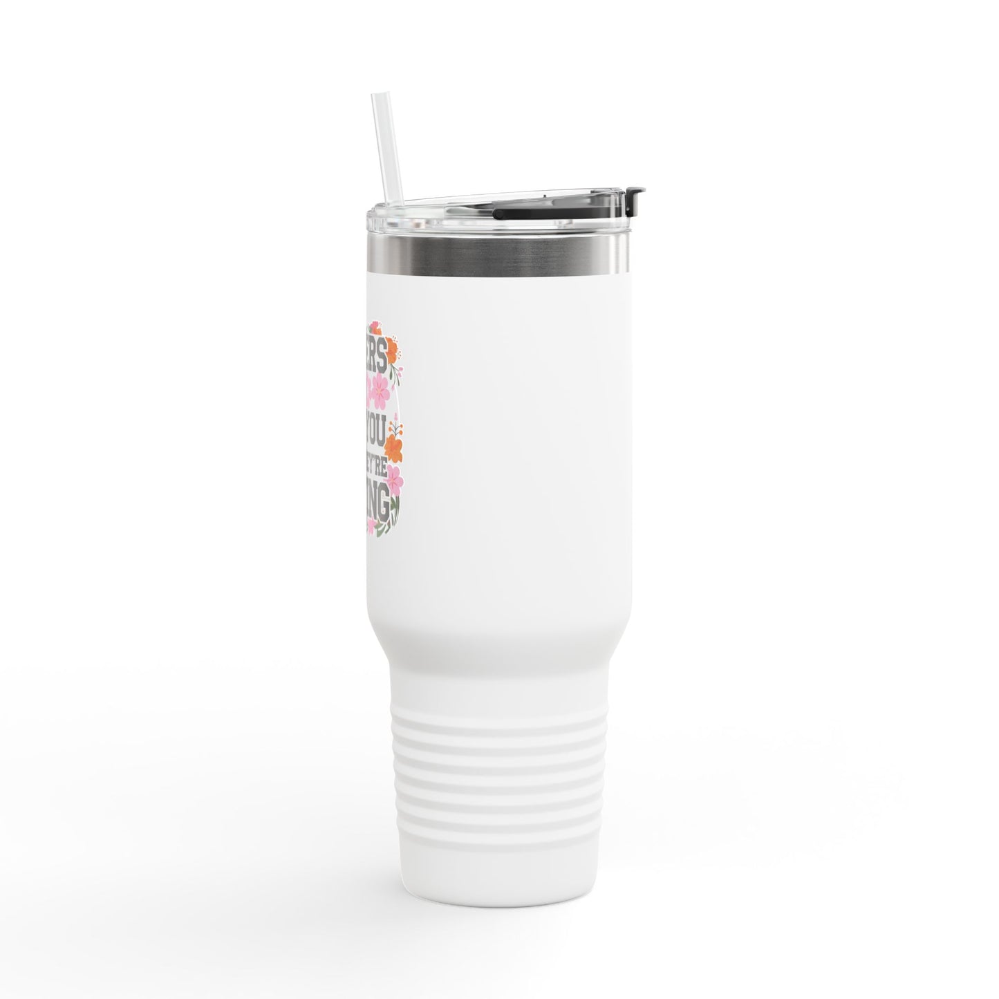 Side of the 40oz insulated tumbler with a boho music-inspired design, perfect for coffee lovers on the go.