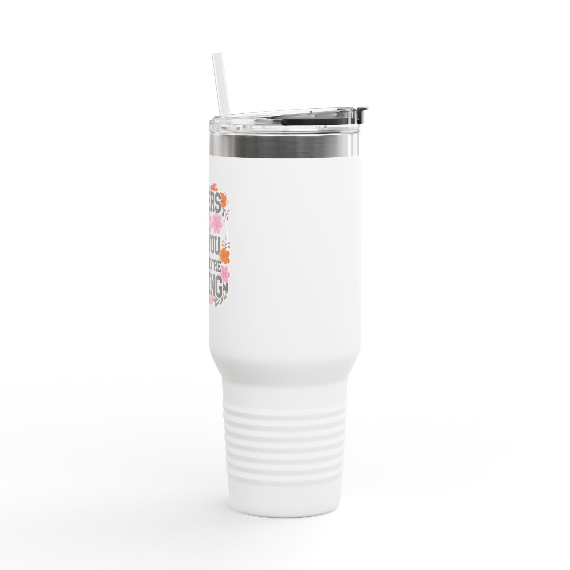 Side of the 40oz insulated tumbler with a boho music-inspired design, perfect for coffee lovers on the go.