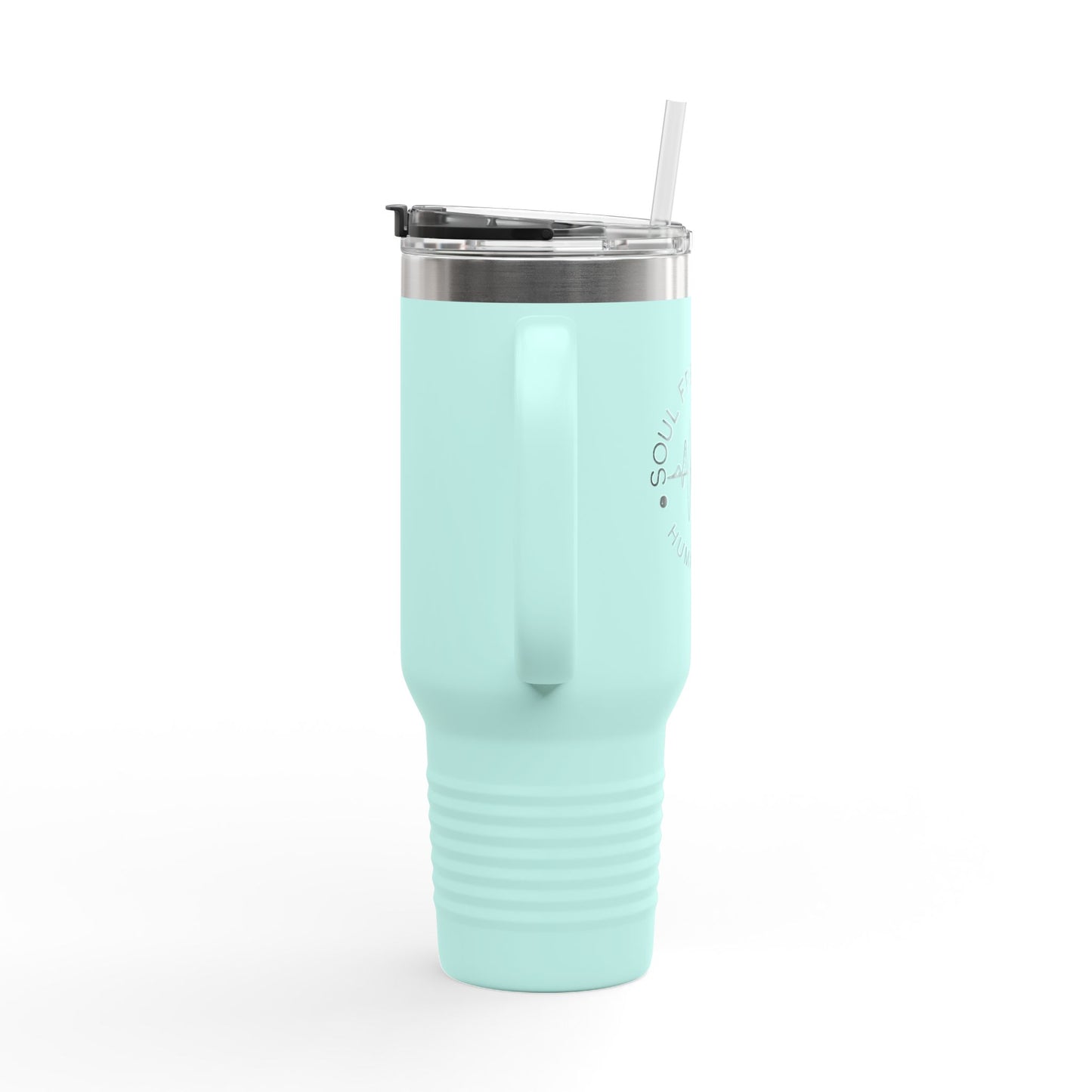Side angle of the teal Soul Frequencies insulated tumbler, showcasing its sleek design and ergonomic handle.