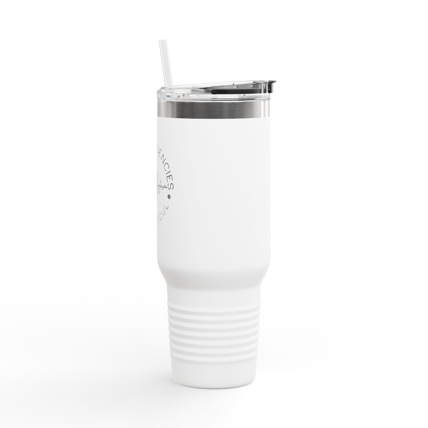 Side of the white 40oz frequency wave travel mug, a perfect blend of spirituality and functionality.