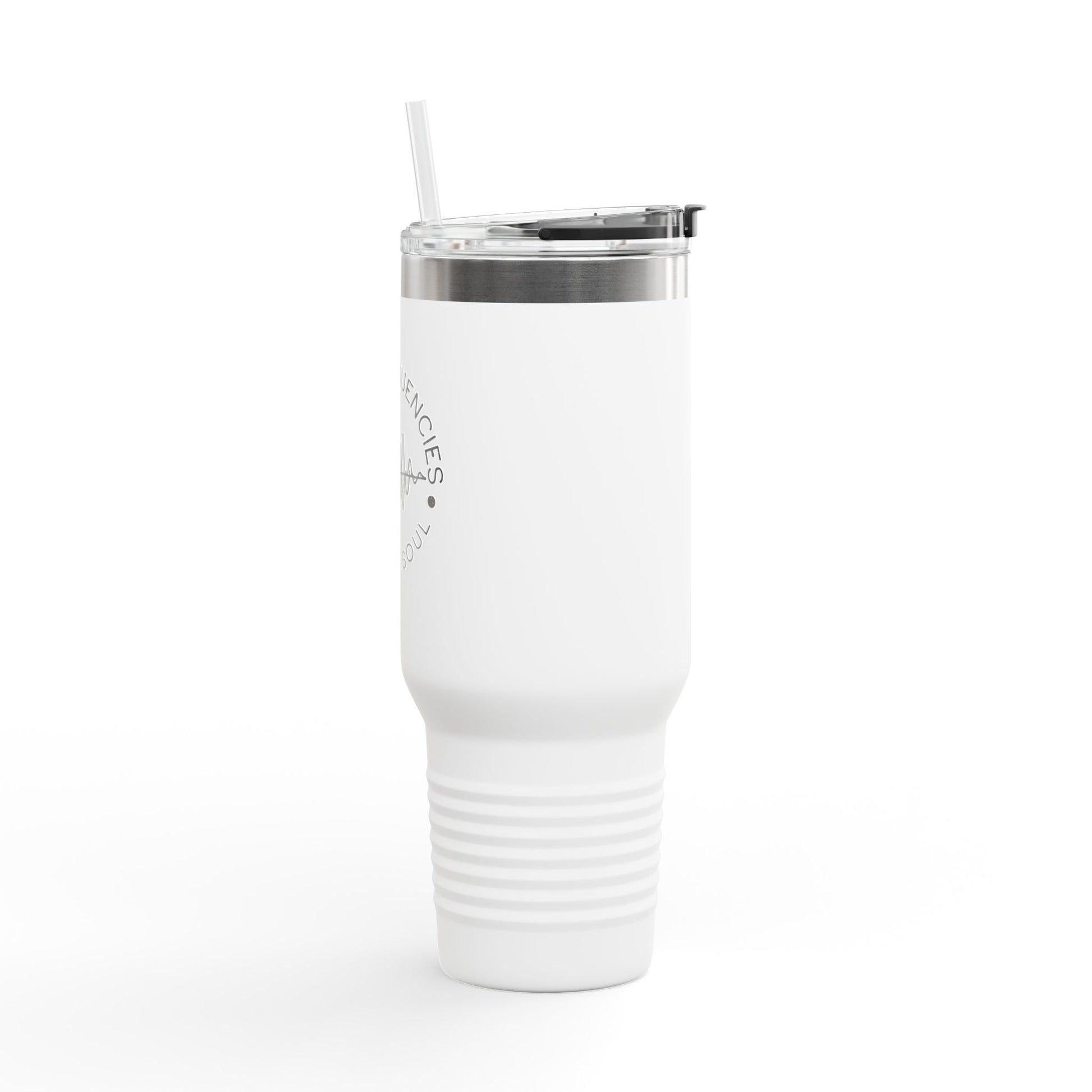 Side of the white 40oz frequency wave travel mug, a perfect blend of spirituality and functionality.