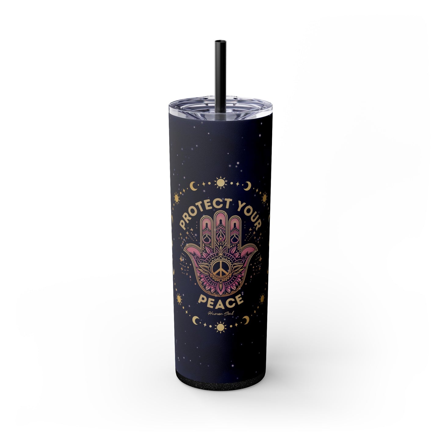 Protect Your Peace, Hamsa Hand with Om Symbol 20oz Skinny Tumbler with Straw - Glitter Black Color