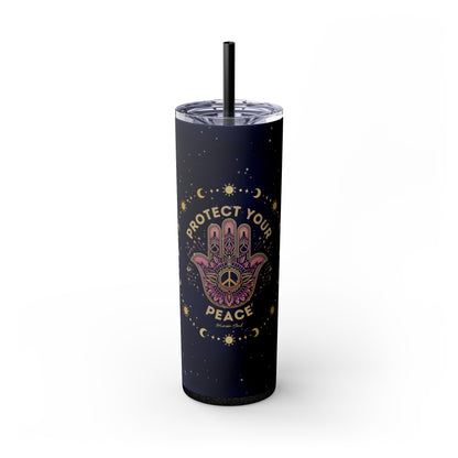 Protect Your Peace, Hamsa Hand with Om Symbol 20oz Skinny Tumbler with Straw - Glitter Black Color