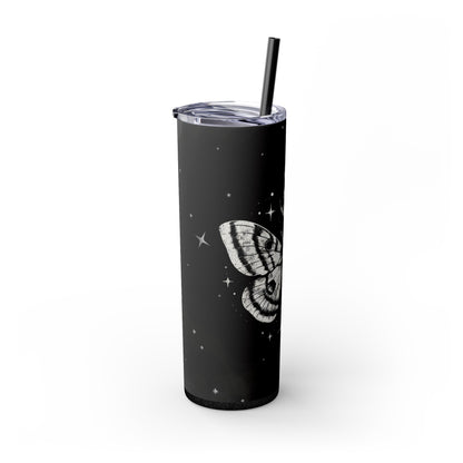 Luna Moth and Cosmic Moon Tumbler - 20oz Skinny Design with Straw, Travel Mug - Side View