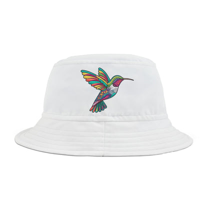 Bucket Hat - Faux Embroidered Hummingbird, White Hat