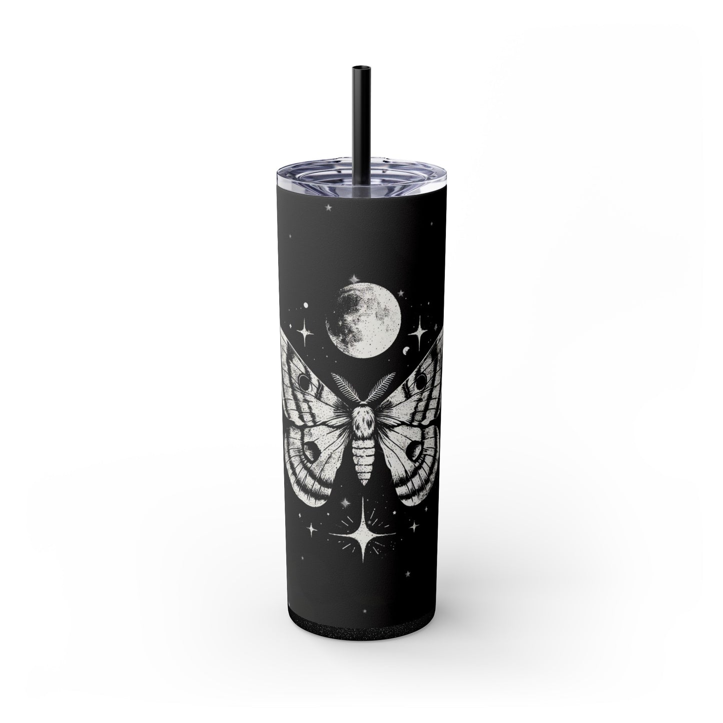 Luna Moth and Cosmic Moon Tumbler - 20oz Skinny Design with Straw, Travel Mug - Front View