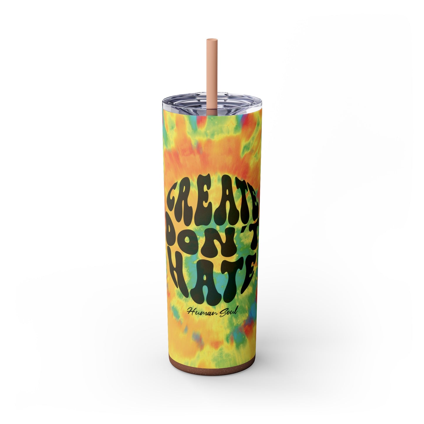 Create Don't Hate, Tie Dye Hippie 20oz Skinny Design with Glitter Rose Gold Straw - Travel Mug