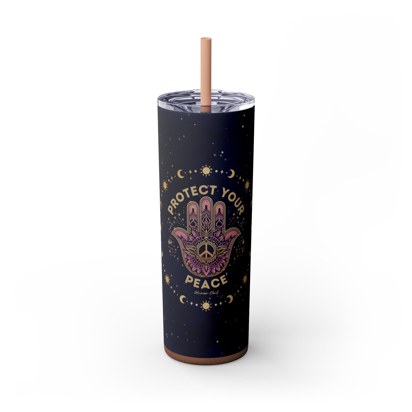 Protect Your Peace, Hamsa Hand with Om Symbol 20oz Skinny Tumbler with Straw - Glitter Blush Color