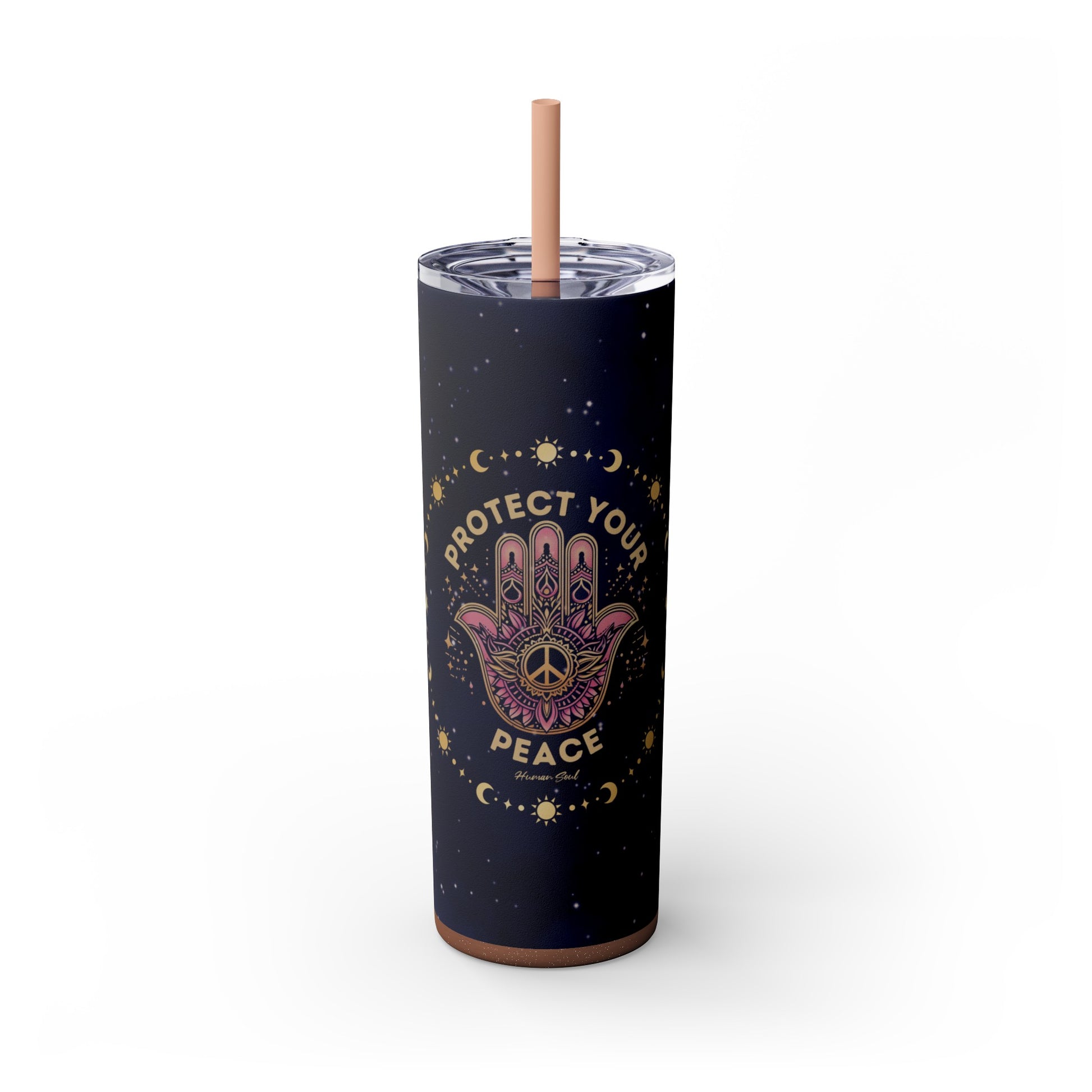 Protect Your Peace, Hamsa Hand with Om Symbol 20oz Skinny Tumbler with Straw - Glitter Blush Color