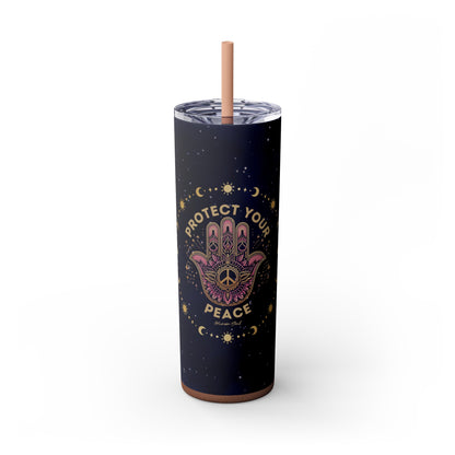 Protect Your Peace, Hamsa Hand with Om Symbol 20oz Skinny Tumbler with Straw - Glitter Blush Color