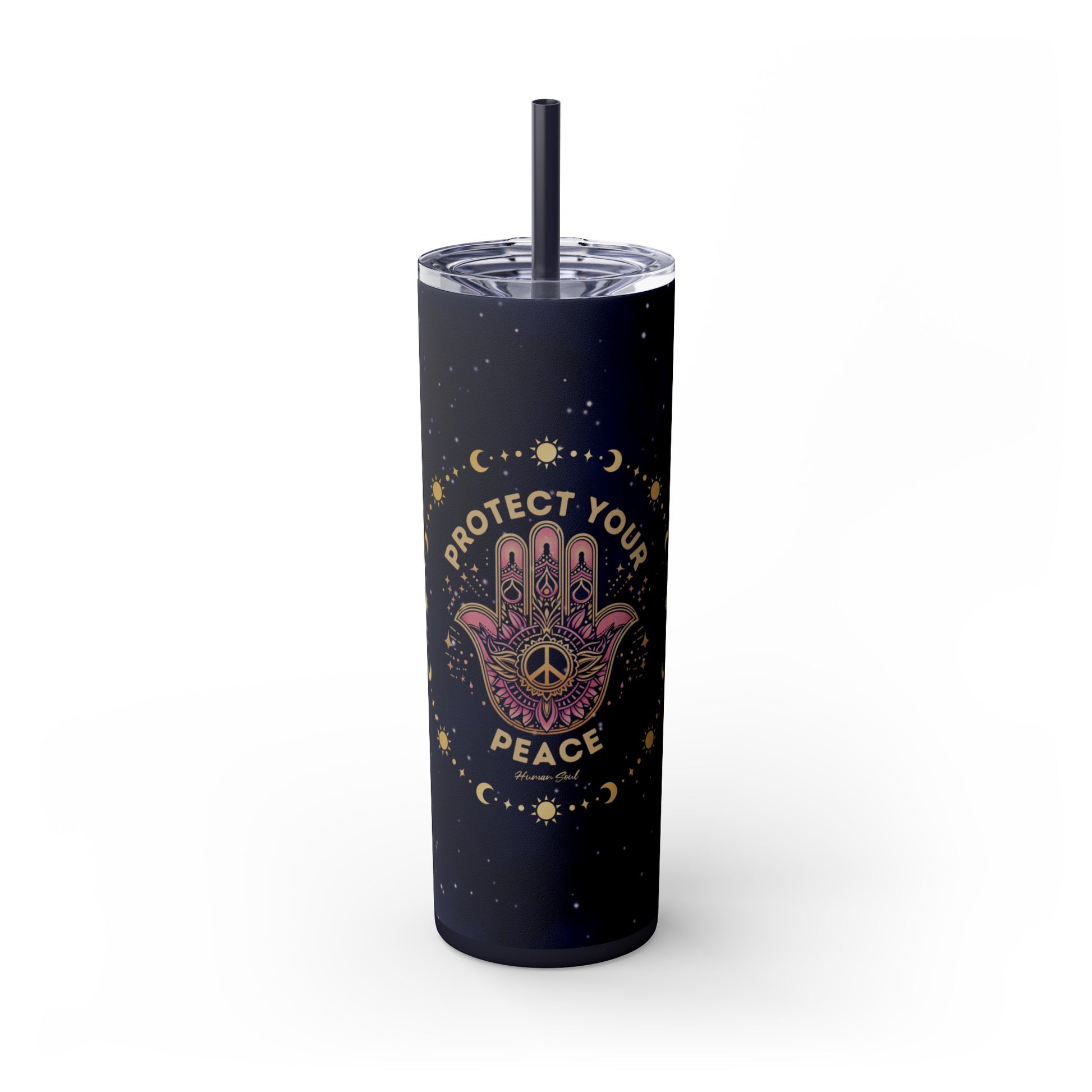 Protect Your Peace, Hamsa Hand with Om Symbol 20oz Skinny Tumbler with Straw - Midnight Color