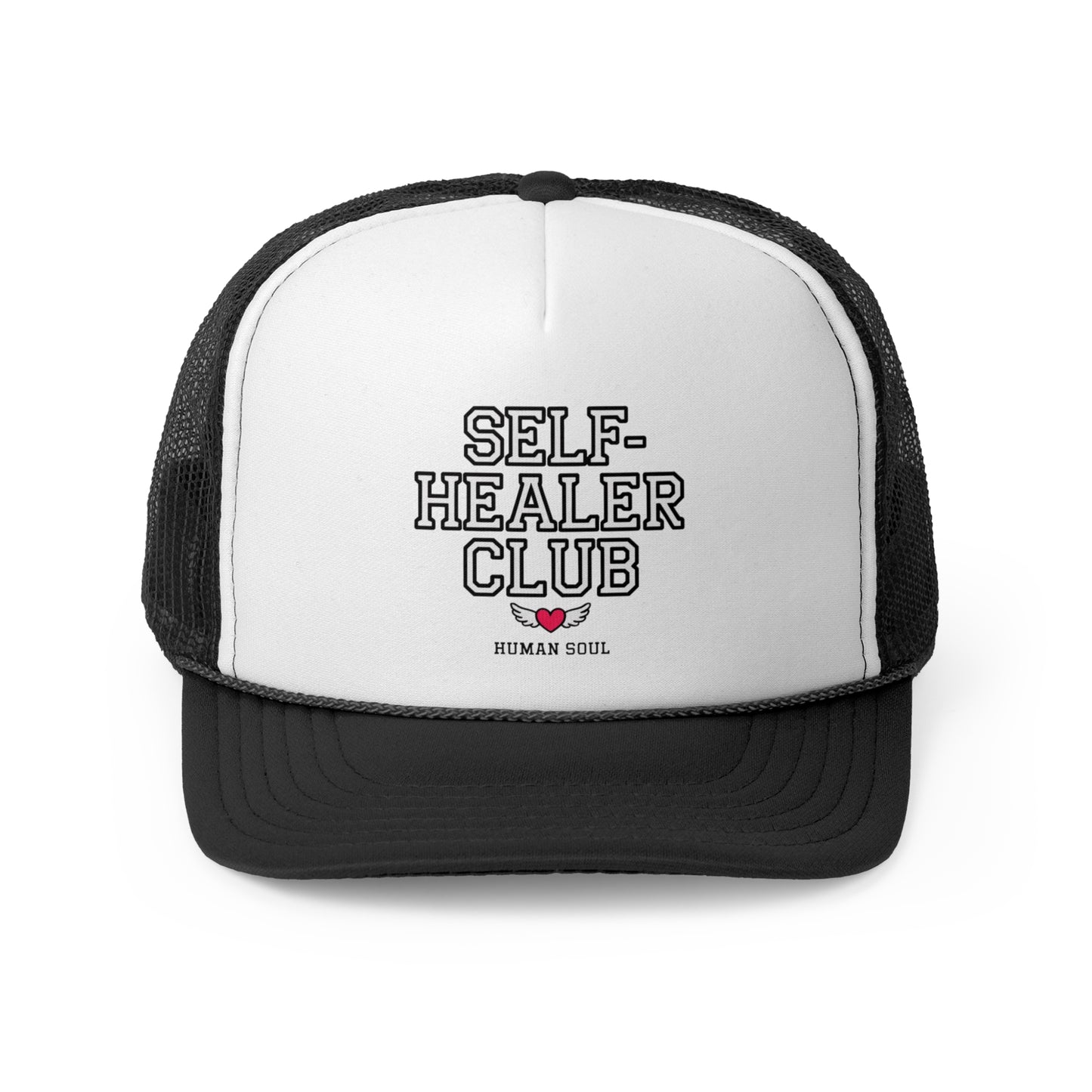 Self Healer Club black and white mesh trucker hat, a stylish cap for wellness enthusiasts and energy healers.