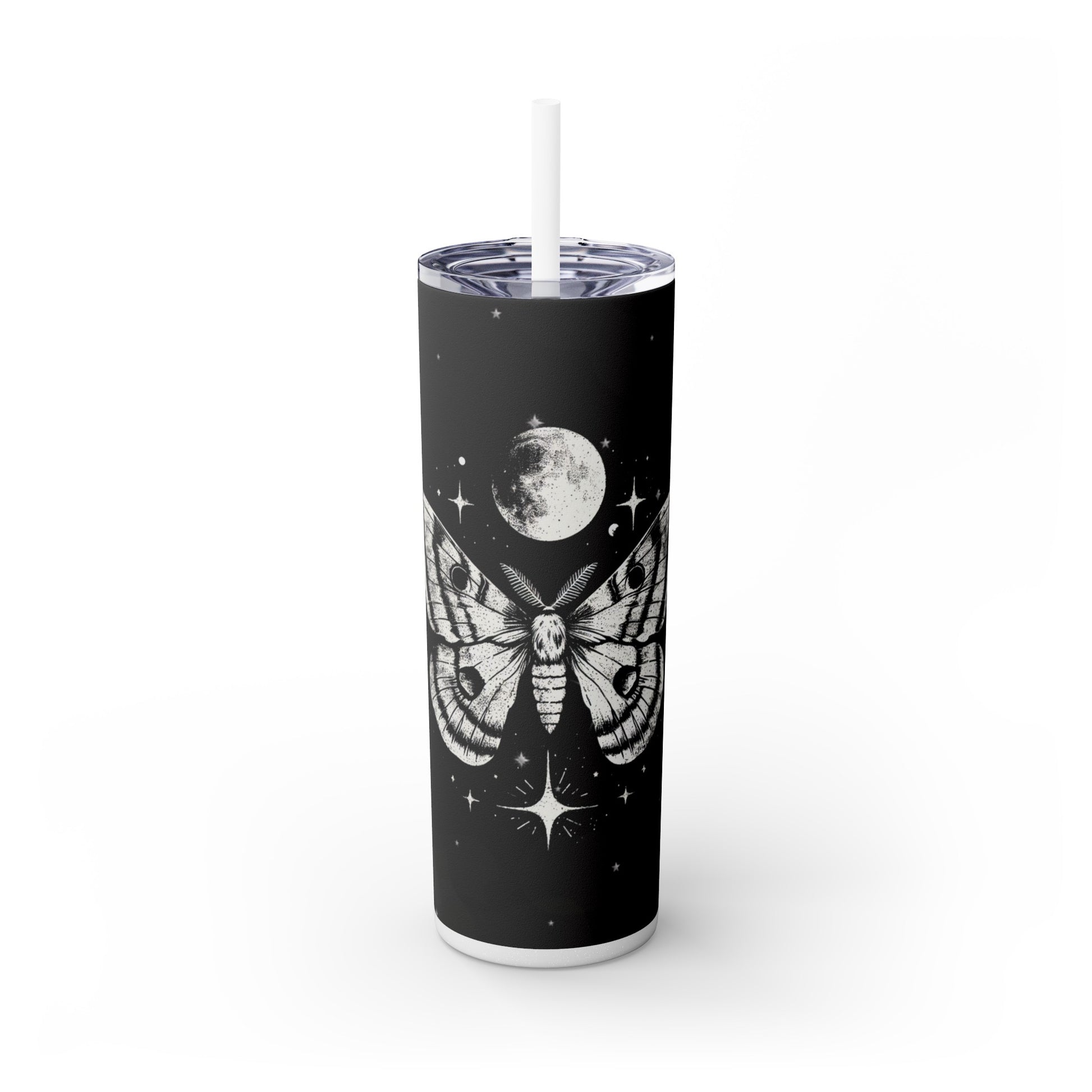 Luna Moth and Cosmic Moon Tumbler - 20oz Skinny Design with Straw, Travel Mug - White Straw