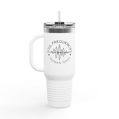 White 40oz insulated travel mug featuring 'Soul Frequencies' text with a frequency wave design, perfect for high-vibe living.