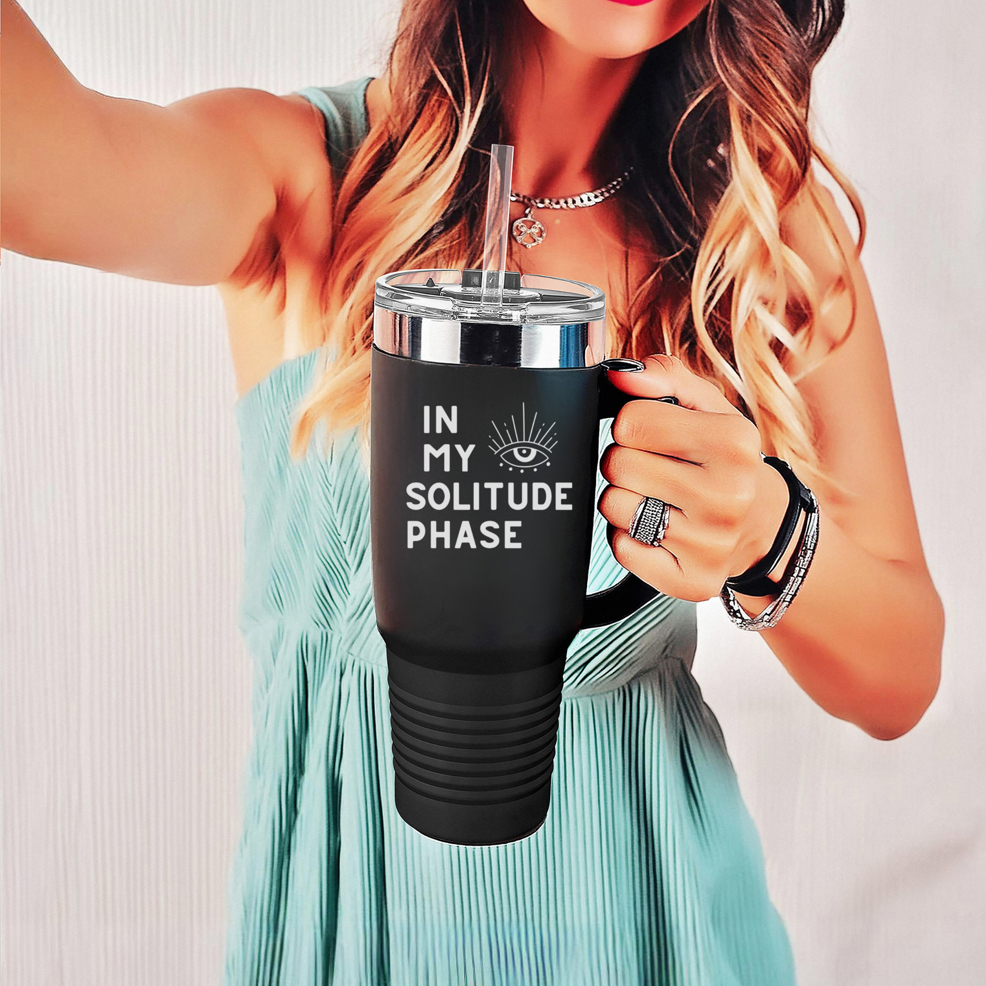 40oz insulated travel mug with 'In My Solitude Phase' text and third eye design, perfect for introverts and spiritual seekers.