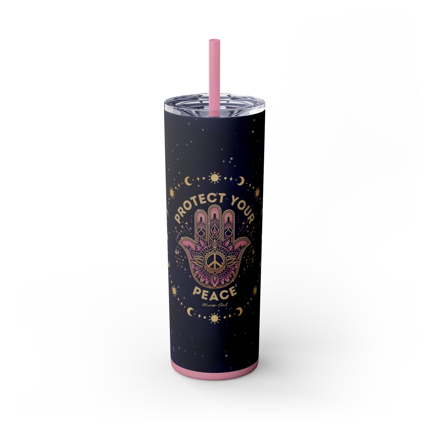 Protect Your Peace, Hamsa Hand with Om Symbol 20oz Skinny Tumbler with Straw - Glitter Magic Pink