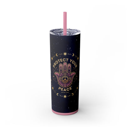 Protect Your Peace, Hamsa Hand with Om Symbol 20oz Skinny Tumbler with Straw - Glitter Magic Pink