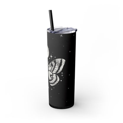 Luna Moth and Cosmic Moon Tumbler - 20oz Skinny Design with Straw, Travel Mug - Side View 2