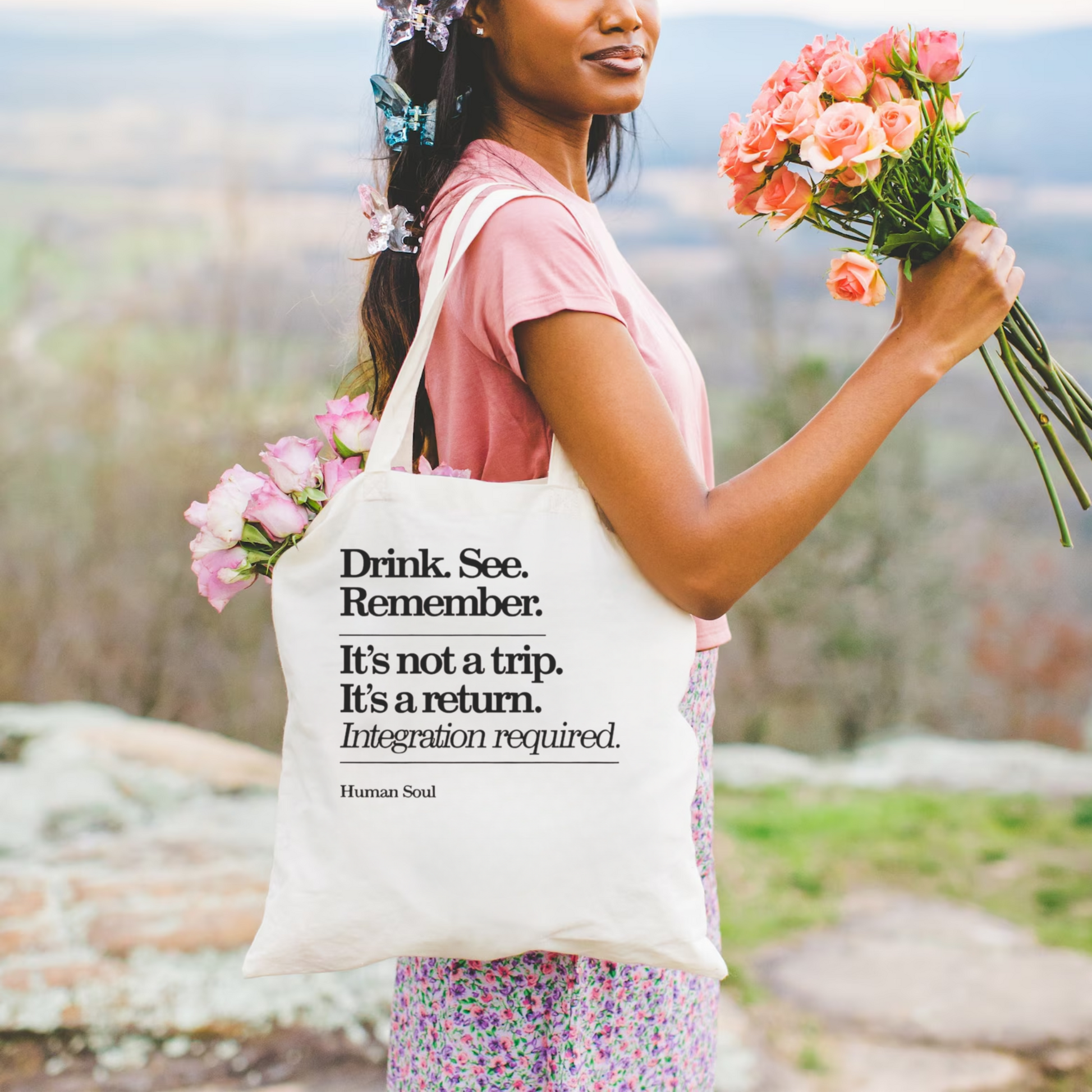 Lifestyle image of Ayahuasca Quote Canvas Tote Bag with psychedelic vibe.