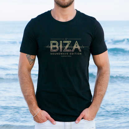 Front view of Biza Sound Wave Edition Men's T-Shirt with Ibiza-inspired design