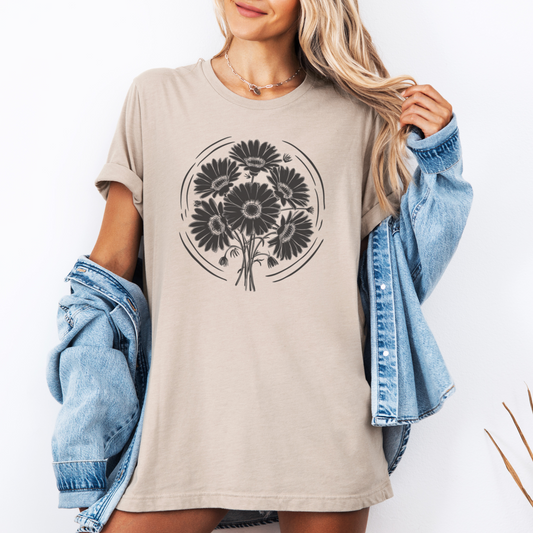 Black Daisy Silhouette, Minimal Floral T-Shirt