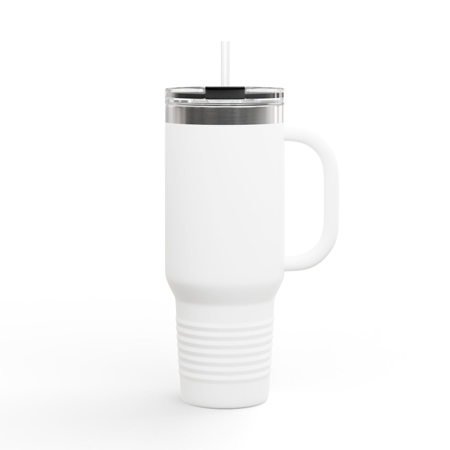 Back view of the white Soul Frequencies travel mug, a spiritual tumbler designed for energy-conscious coffee lovers.