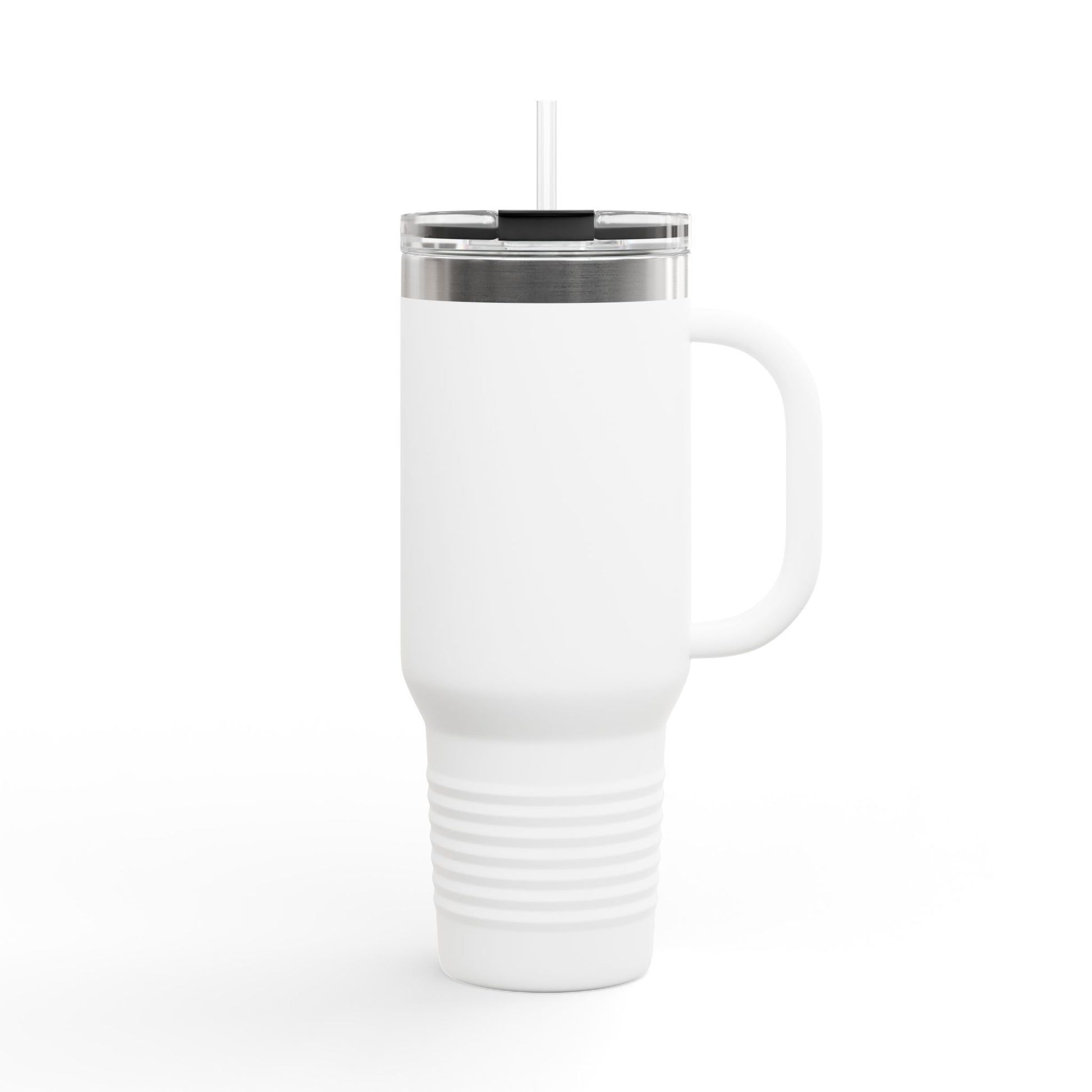 Back view of the white Soul Frequencies travel mug, a spiritual tumbler designed for energy-conscious coffee lovers.