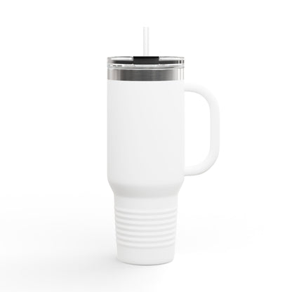Back view of the white Soul Frequencies travel mug, a spiritual tumbler designed for energy-conscious coffee lovers.