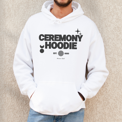 Celestial Ceremony white hoodie with flower of life symbol, moon and stars.