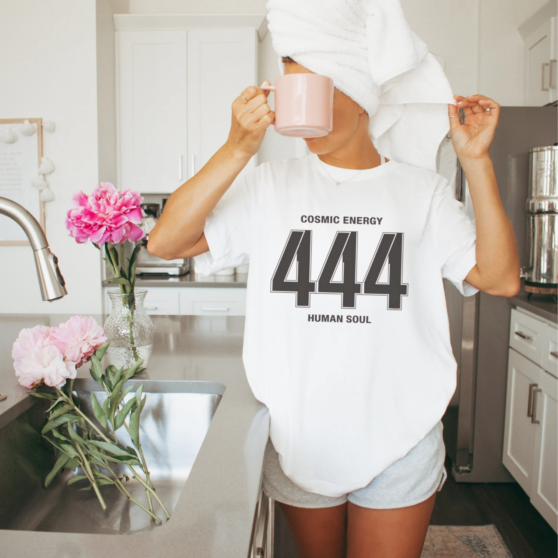 Front view of Cosmic Energy 444 Angel Numbers Women's T-Shirt for spiritual clothing lovers