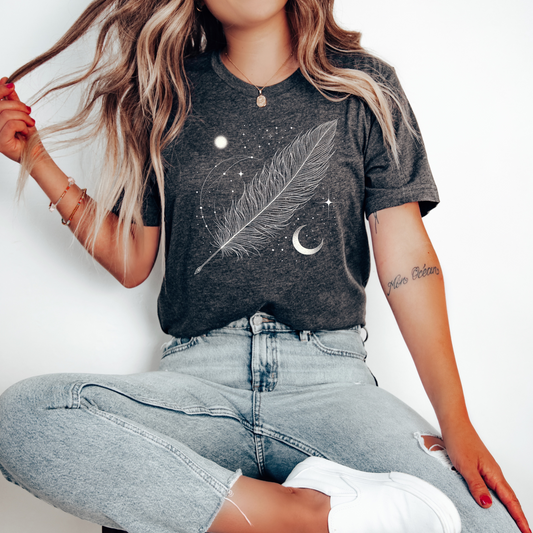 Celestial Feather T-Shirt with Crescent Moon and Stars