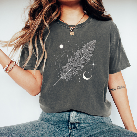 Celestial Feather Tshirt with Crescent Moon and Stars