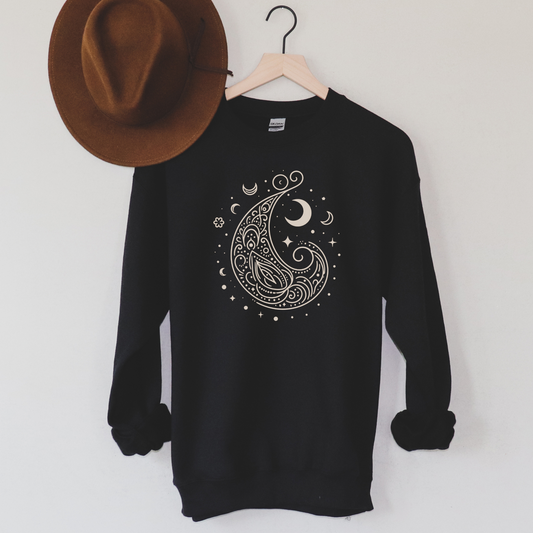 Cosmic Paisley Motifs, Crescent Moon Sweatshirt