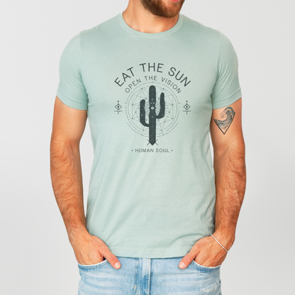 Front view of the Eat the Sun, Open the Visions Men's T-Shirt with a psychedelic design