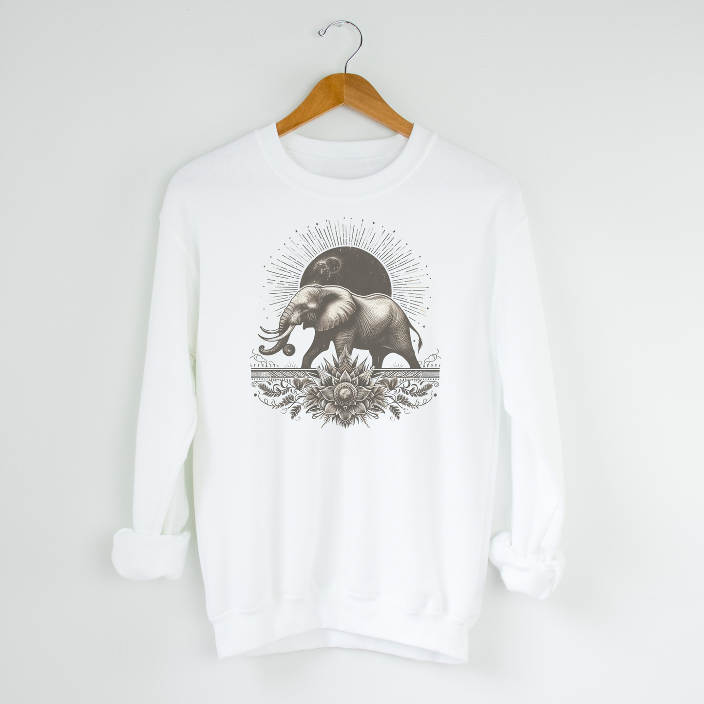 Indian Elephant with Sunburst and Lotus Flower Sweatshirt