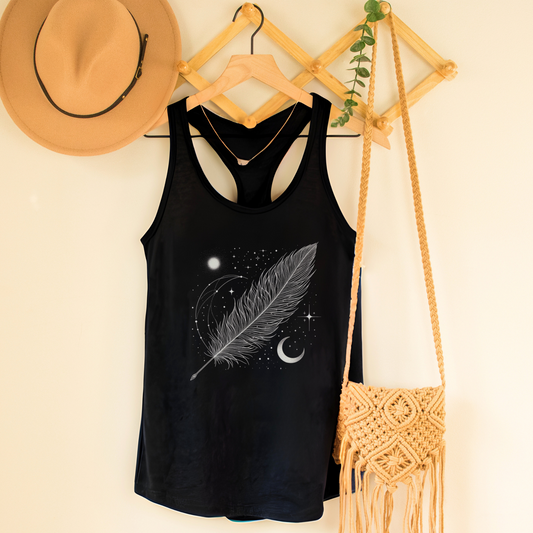 Feather with Crescent Moon, Sun & Stars Racerback Tank